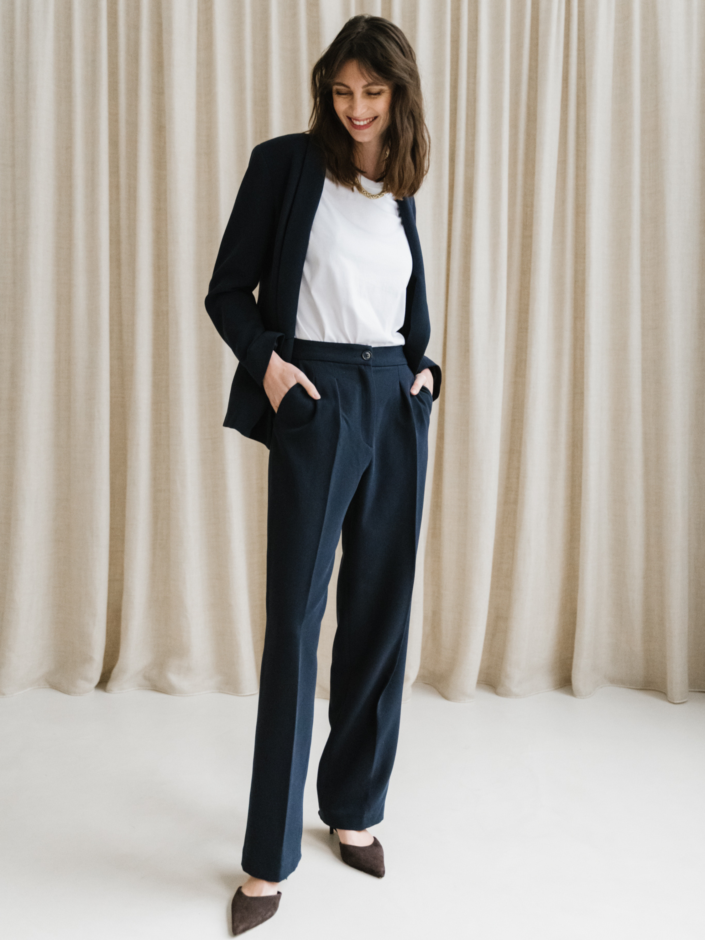 Pantalon Tailleur Femme Taille Haute Bleu Marine Valentina