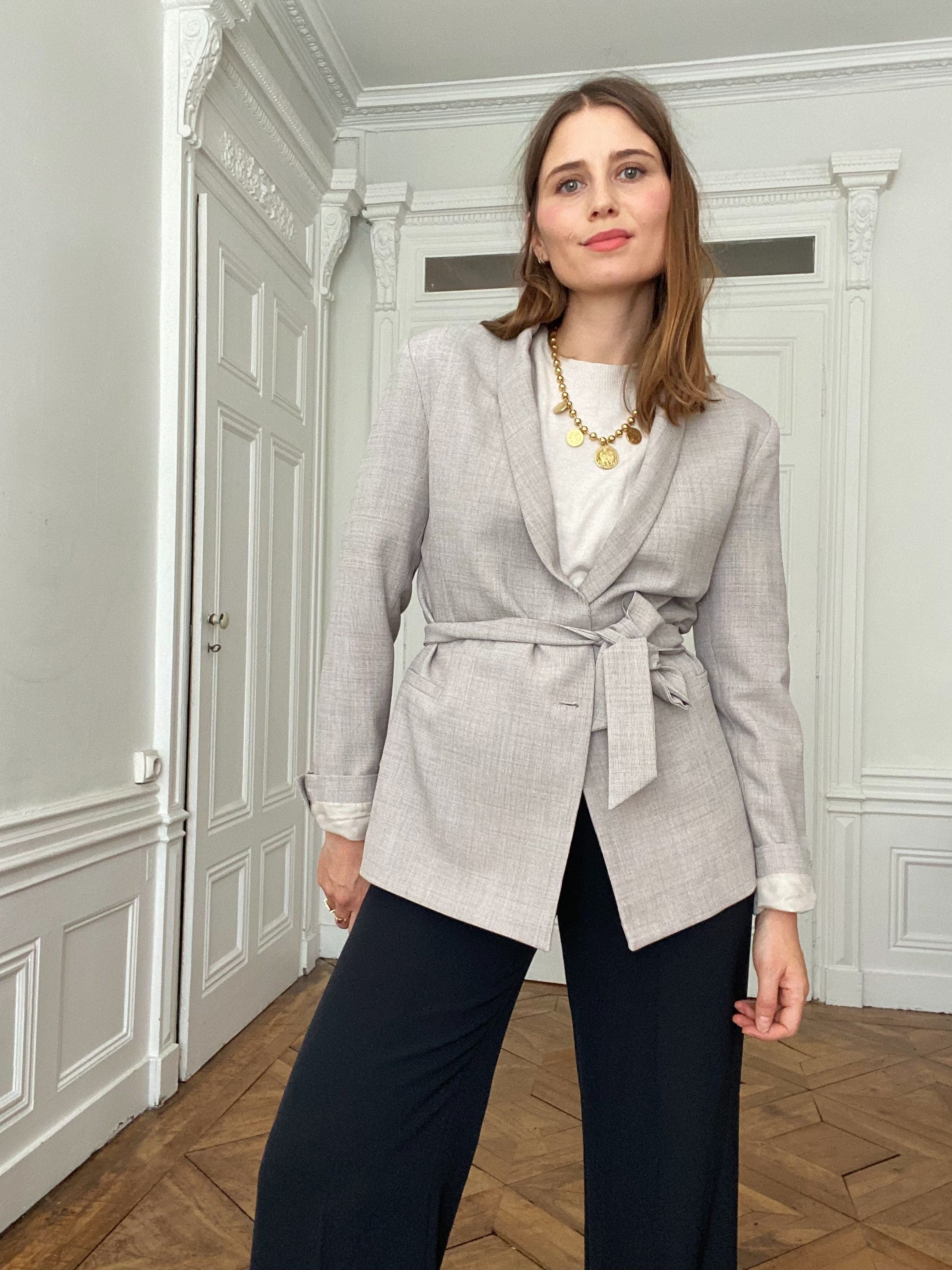 Blazer Femme En Laine Gris Et Col Daim – Veste Chic Taille 42